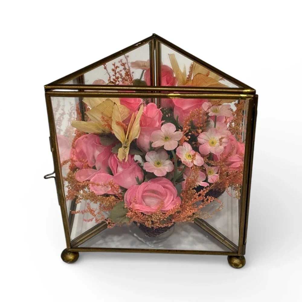Vintage Glass/Mirrors & Brass Triangular Box with Flowers